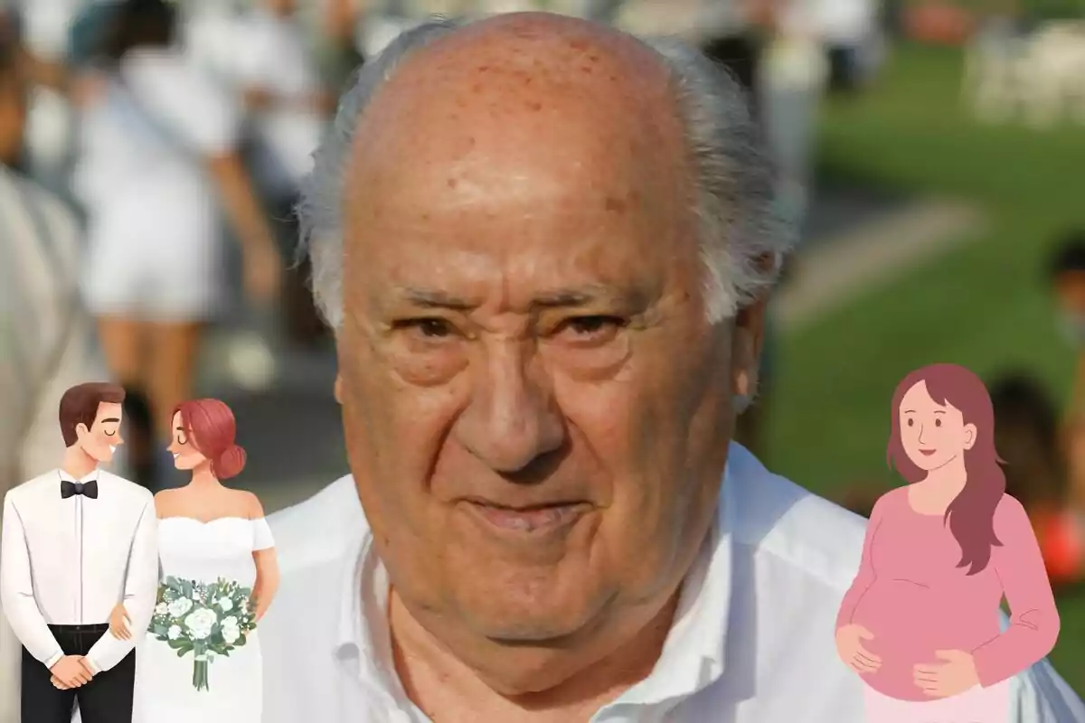 Amancio Ortega amb camisa blanca, acompanyat d´il·lustracions d´una parella de Novios i una dona embarassada.