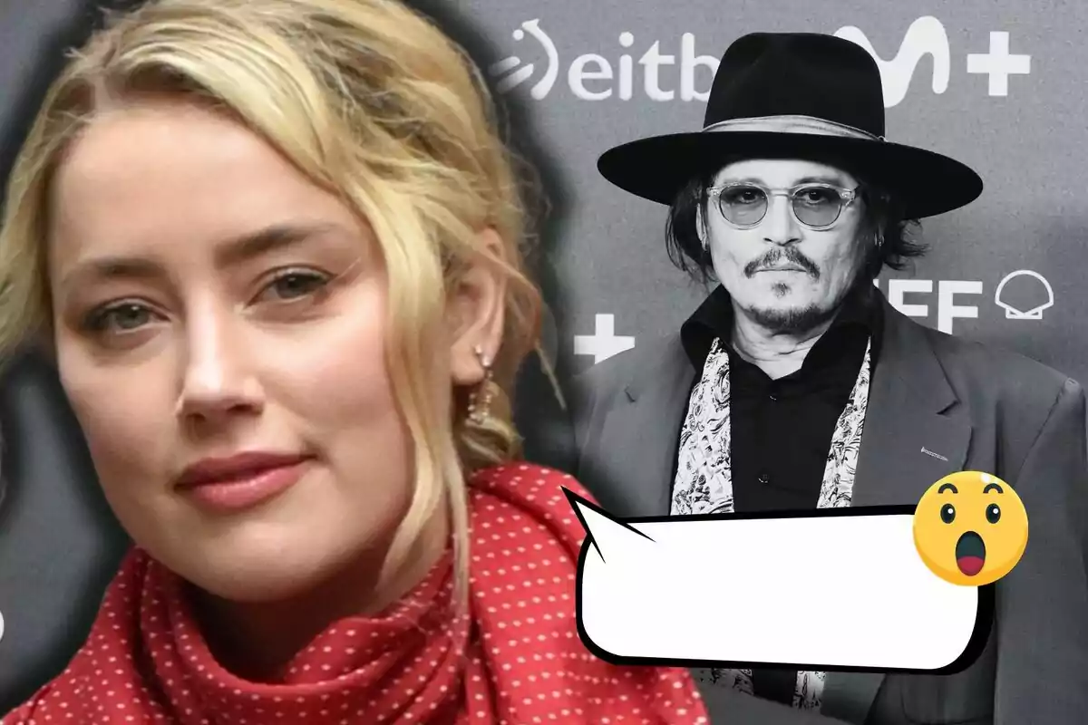 Amber Heard y Jhonny Depp en un montaje fotográfico, una en color y otra en blanco y negro, con un globo de diálogo vacío y un emoji sorprendido.