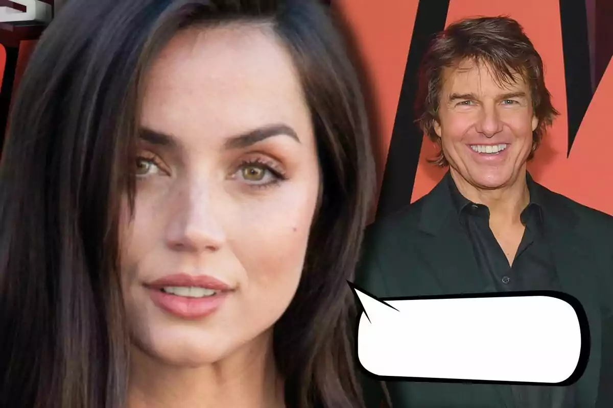 Ana de Armas and Tom Cruise pose in front of a red background, one of them has an empty speech bubble.