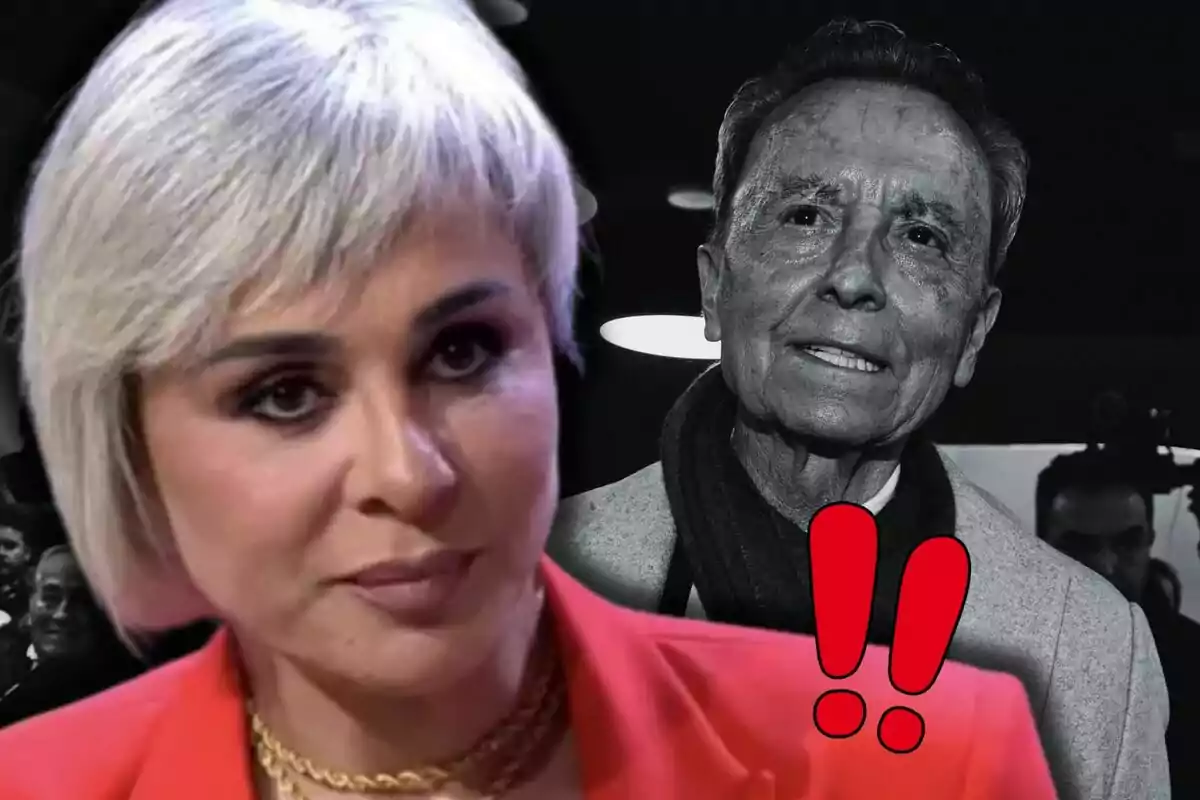 Ana María Aldón en primer pla amb expressió seriosa i Ortega Cano en blanc i negre al fons al costat de dos signes d’exclamació vermells