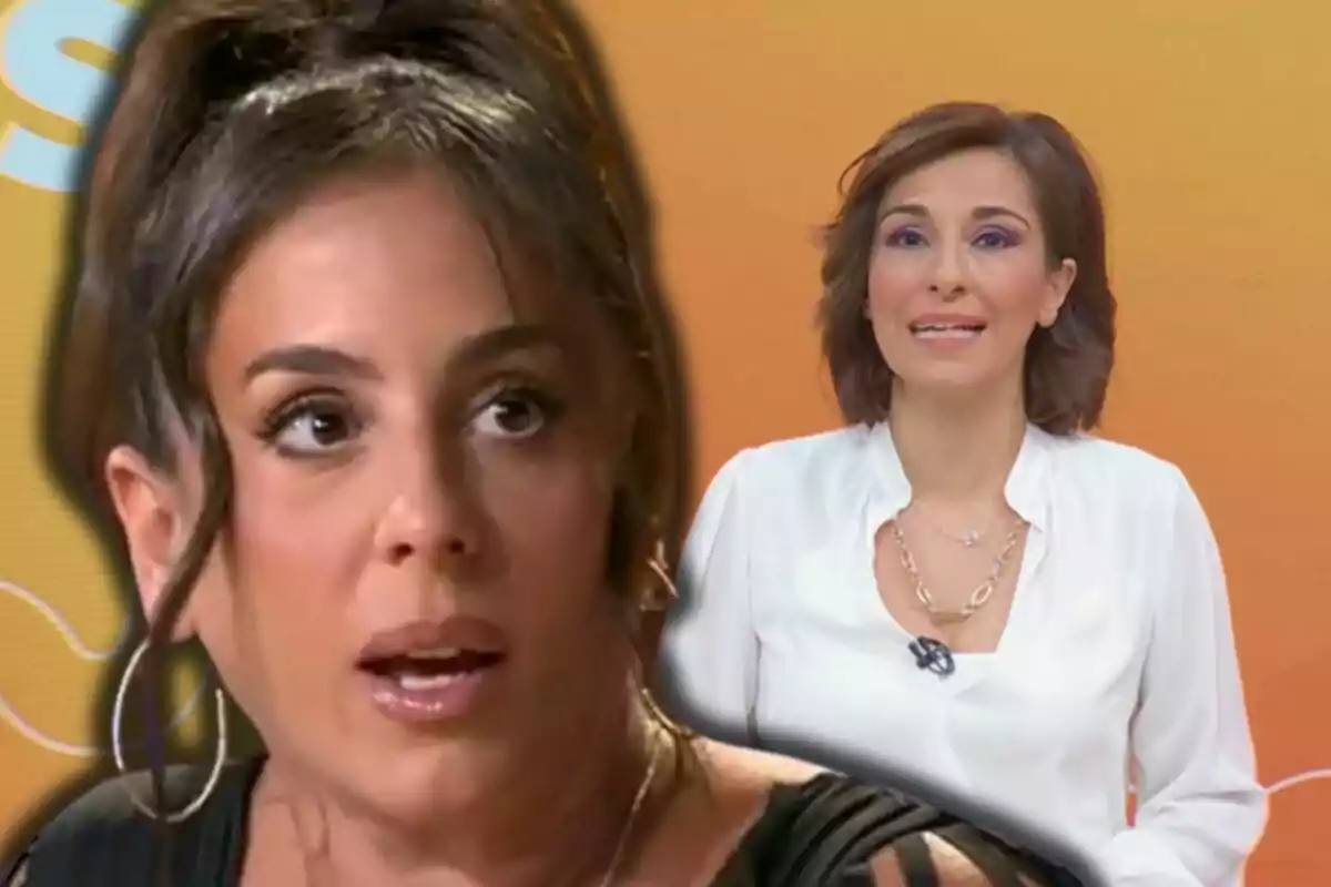 Anabel Pantoja i Adela González en un programa de televisió amb fons taronja.