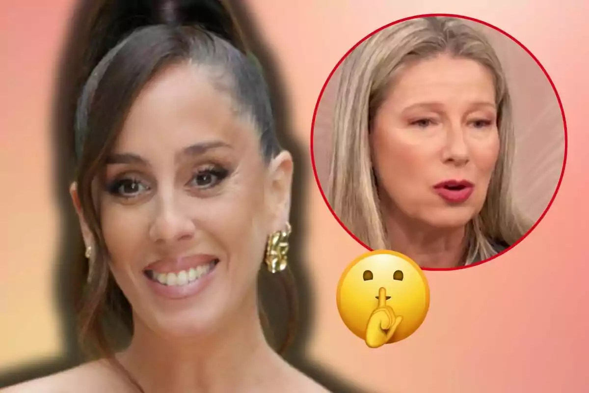 Anabel Pantoja somrient amb arracades daurades i un pentinat recollit apareix en primer pla mentre en un cercle vermell es mostra a Anne Igartiburu amb expressió seriosa al costat d'un emoji de silenci.