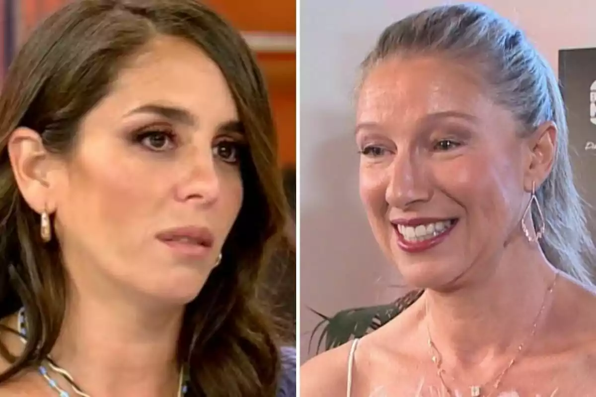 Anabel Pantoja i Anne Igartiburu amb expressions facials diferents, una sembla seriosa i l'altra somriu, ambdues porten arracades i estan en un entorn interior. Anabel Pantoja i Anne Igartiburu amb expressions facials diferents, una sembla seriosa i l'altra somriu, ambdues porten arracades i estan en un entorn interior.