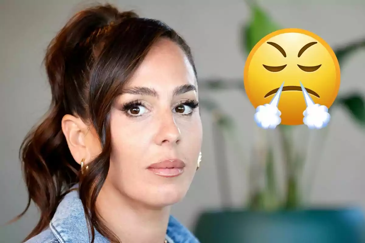 Anabel Pantoja amb expressió seriosa i un emoji d'enfadament al costat.