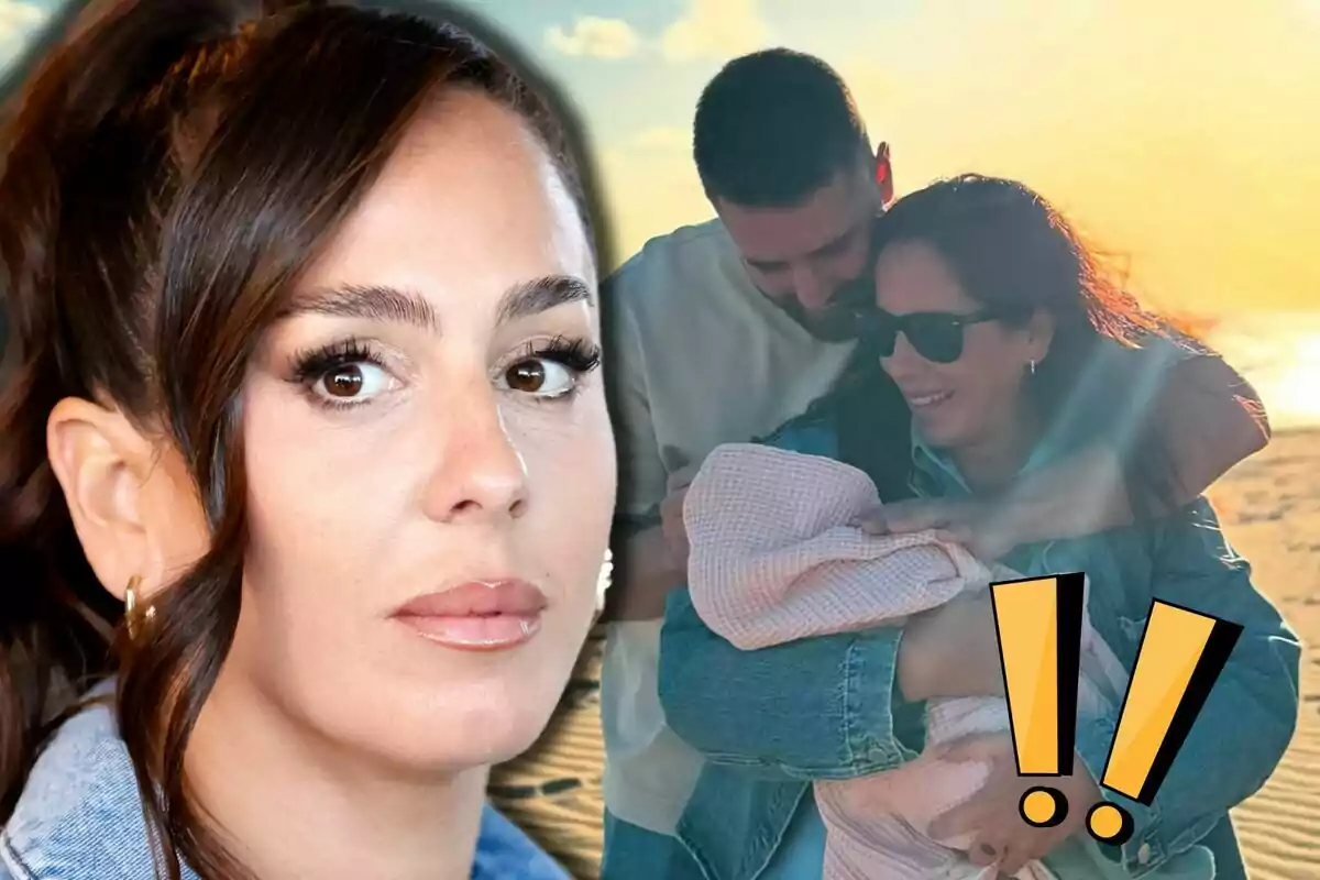 Anabel Pantoja amb expressió seriosa en primer pla i ella amb David Rodríguez somrient amb Alma al fons al capvespre.