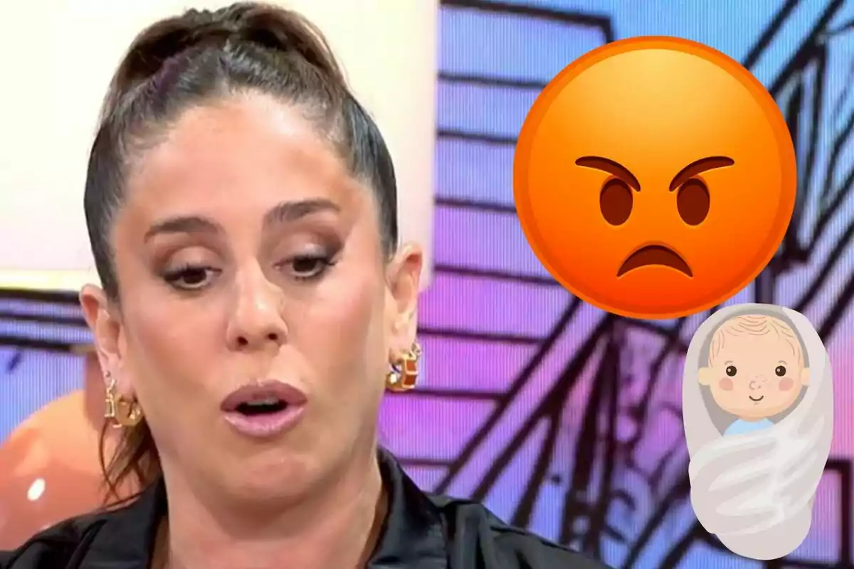 Anabel Pantoja amb expressió seriosa en un programa de televisió amb un emoji de cara enutjada i un emoji de nadó.