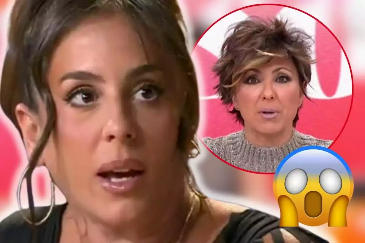 Anabel Pantoja amb expressió sorpresa en primer pla i Sonsoles Ónega en un requadre circular al fons, amb un emoji de sorpresa a la cantonada.