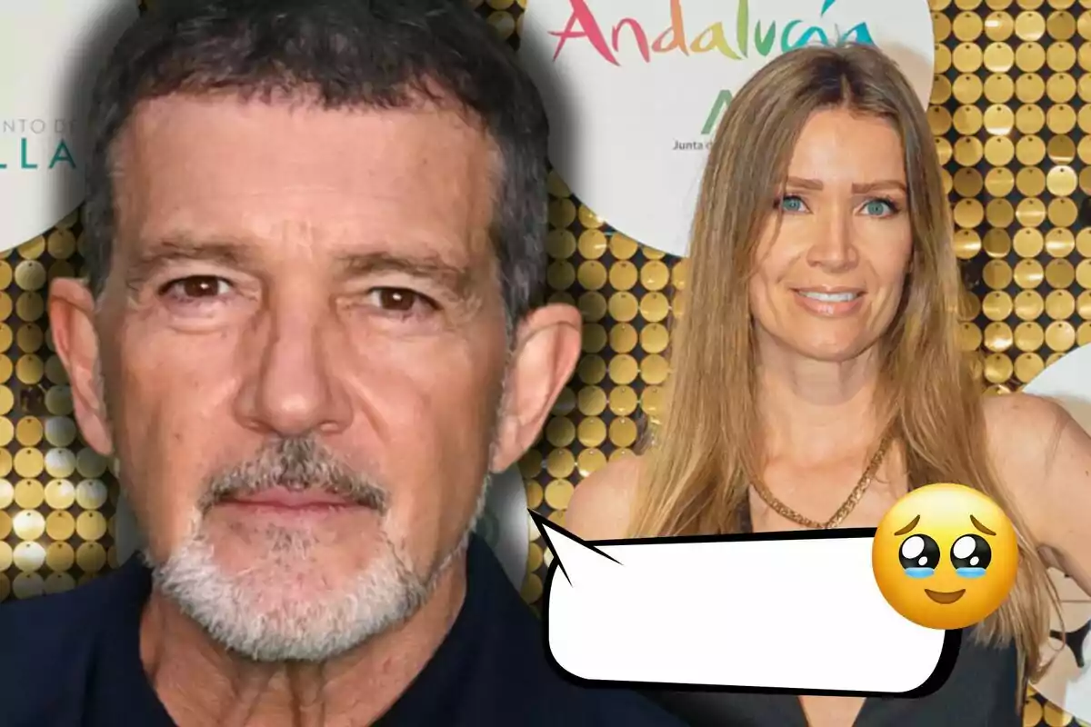 Muntatge amb un primer pla d'Antonio Banderas, Nicole Kipel al fons i un missatge amb un emoji emocionat.