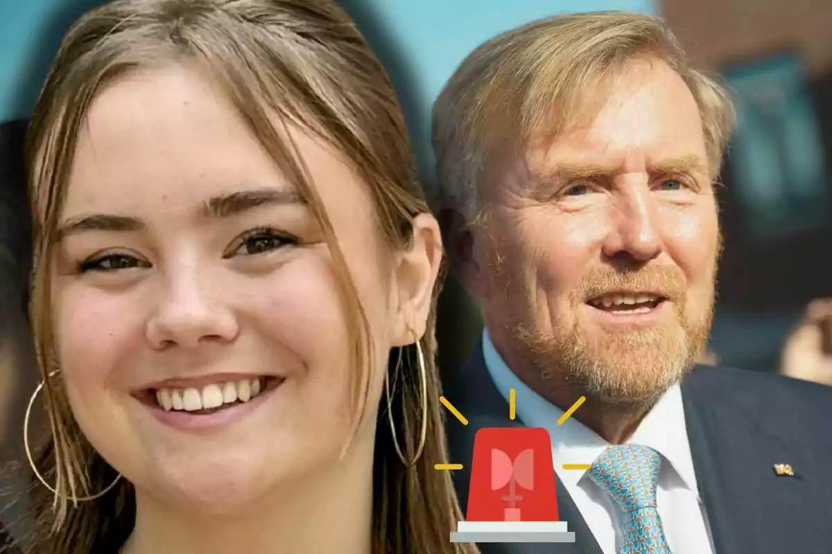 Ariane of the Netherlands smiling with large earrings and Willem of the Netherlands, both in the foreground, with an emergency siren icon at the bottom.