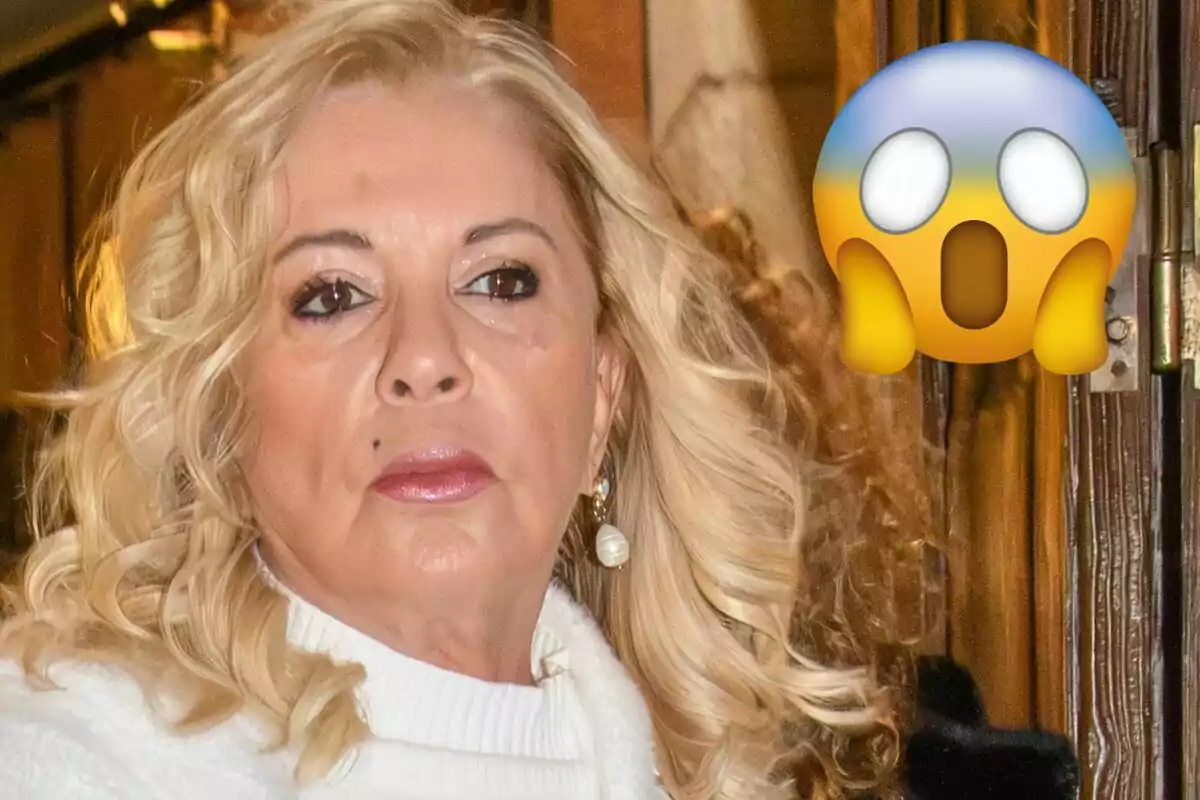 Bárbara Rey amb expressió seriosa i un emoji de sorpresa al costat.