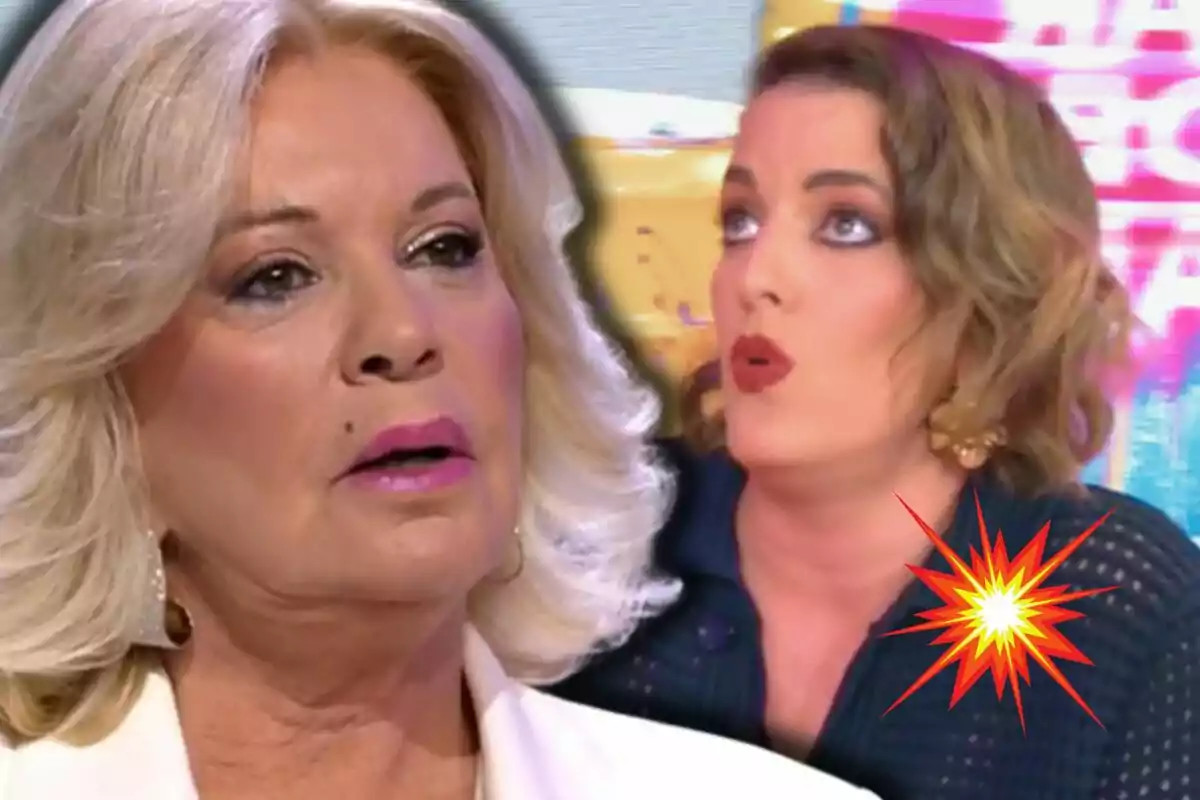 Bárbara Rey i Leticia Requejo en un programa de televisió amb una explosió gràfica a la cantonada.