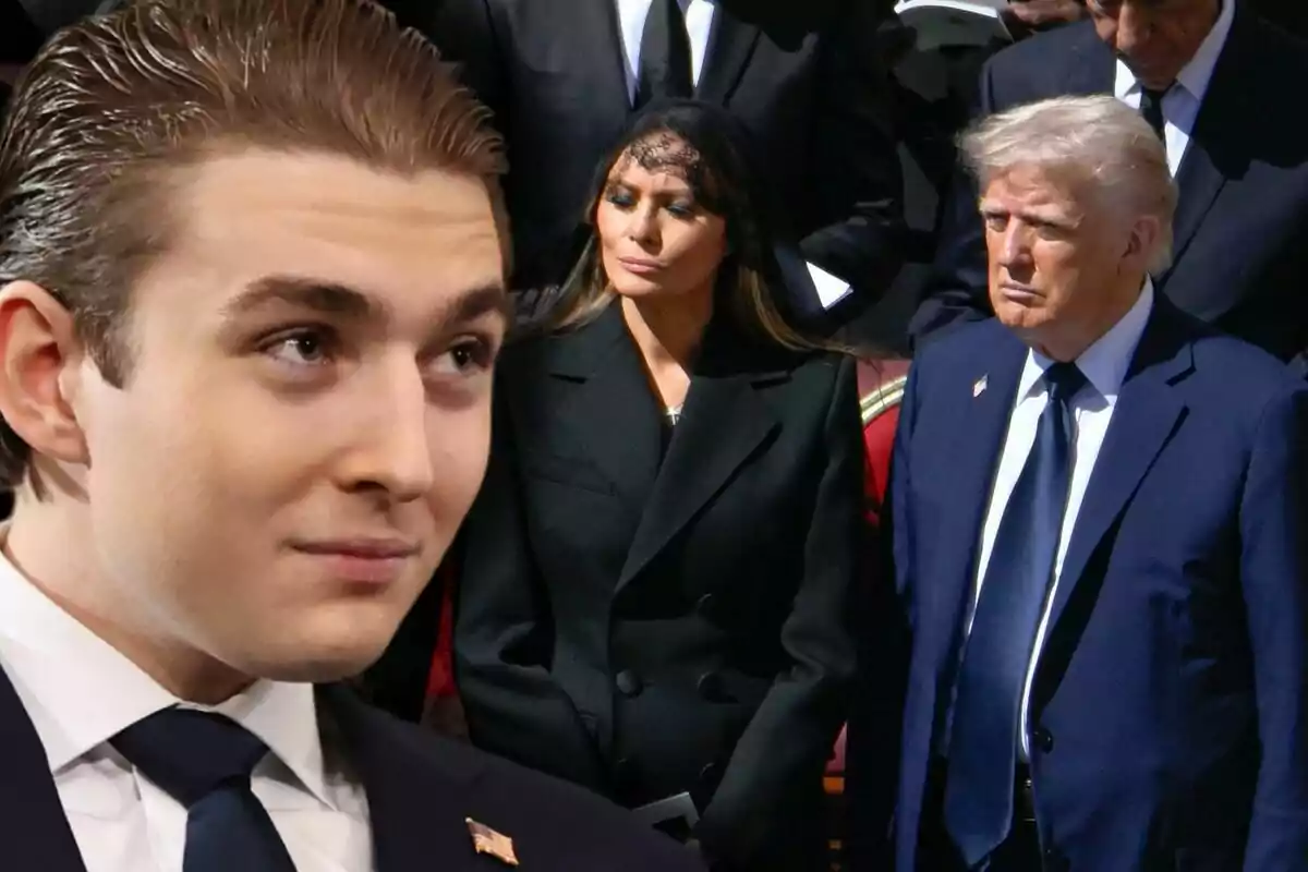 Barron Trump in a dark suit in the foreground, while in the background Melania and Donald Trump, dressed in black and navy blue, attend a solemn event.