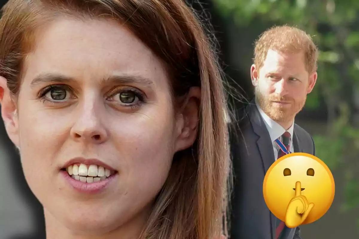 Beatrice of York in the foreground and Prince Harry in the background with a shushing emoji overlaid.