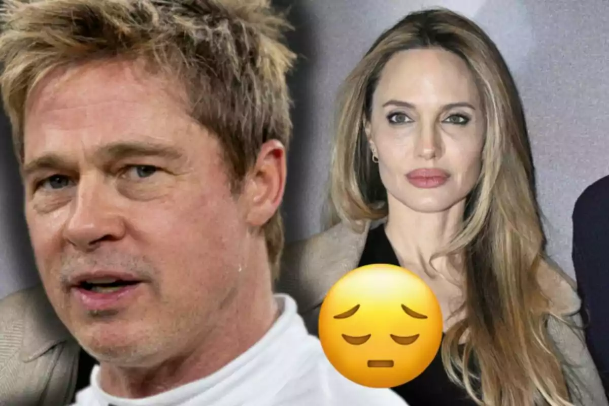 Brad Pitt i Angelina Jolie miren cap a la càmera amb expressions serioses, mentre un emoji de tristesa apareix en primer pla.