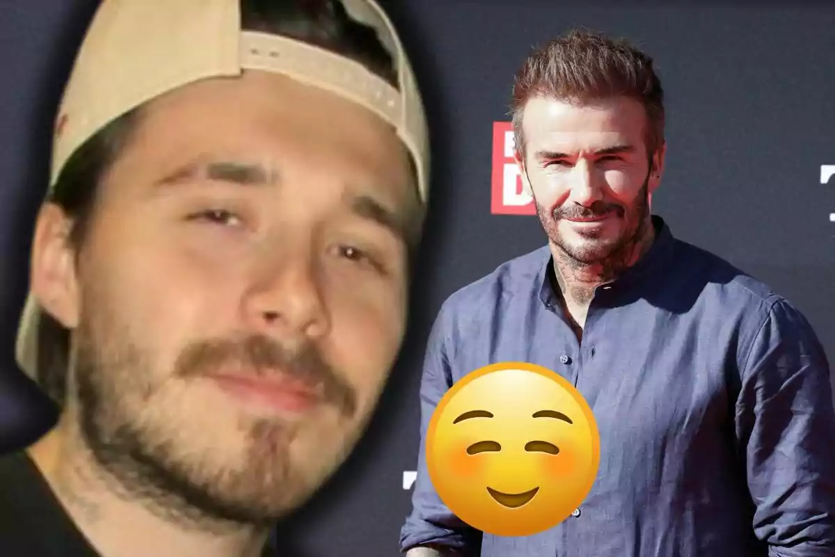 Brooklyn and David Beckham appear in the picture, one in the foreground wearing a cap and a beard, and the other in the background with a blue jersey and a smiling emoji covering part of his body.