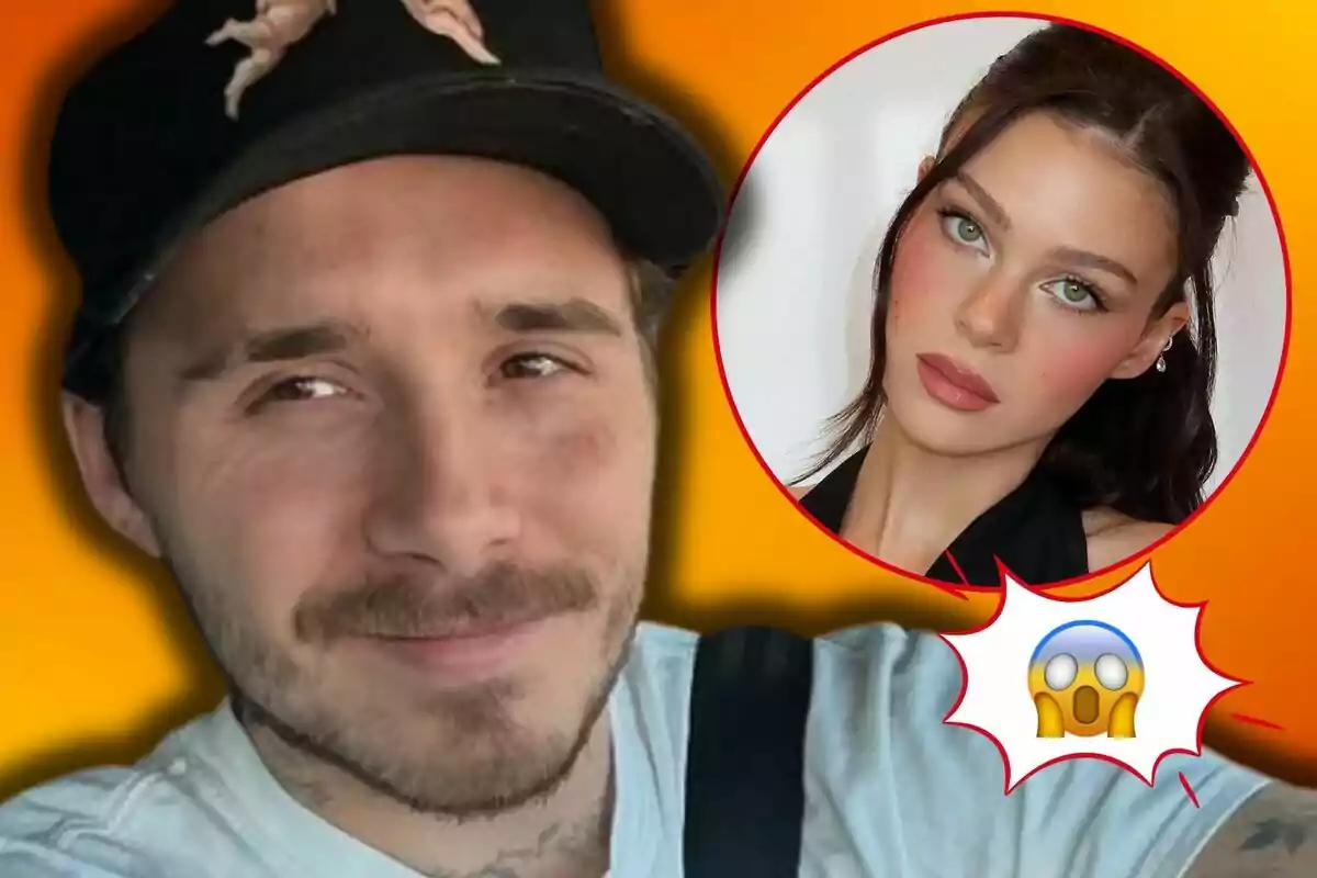 Brooklyn Beckham amb gorra negra somriu mentre una imatge de Nicola Peltz amb maquillatge destacat apareix en un cercle vermell amb un emoji sorprès.