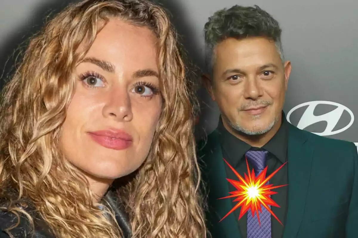 Candela Márquez i Alejandro Sanz posen junts, l’home porta un vestit i una corbata morada i sobre el seu pit hi ha un gràfic d’explosió groga i vermella.