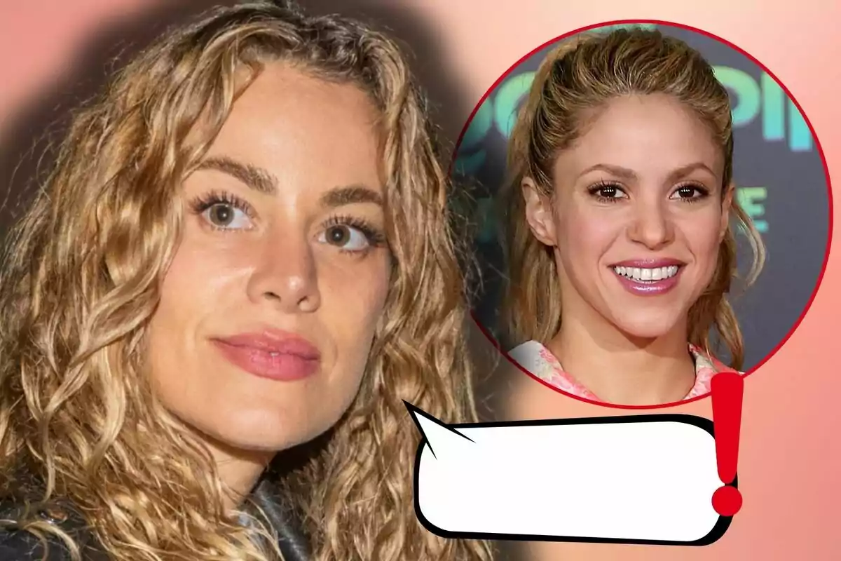 Candela Márquez i Shakira apareixen en una imatge editada amb un cercle vermell i un globus de diàleg buit amb un signe d’exclamació vermell sobre un fons difuminat.