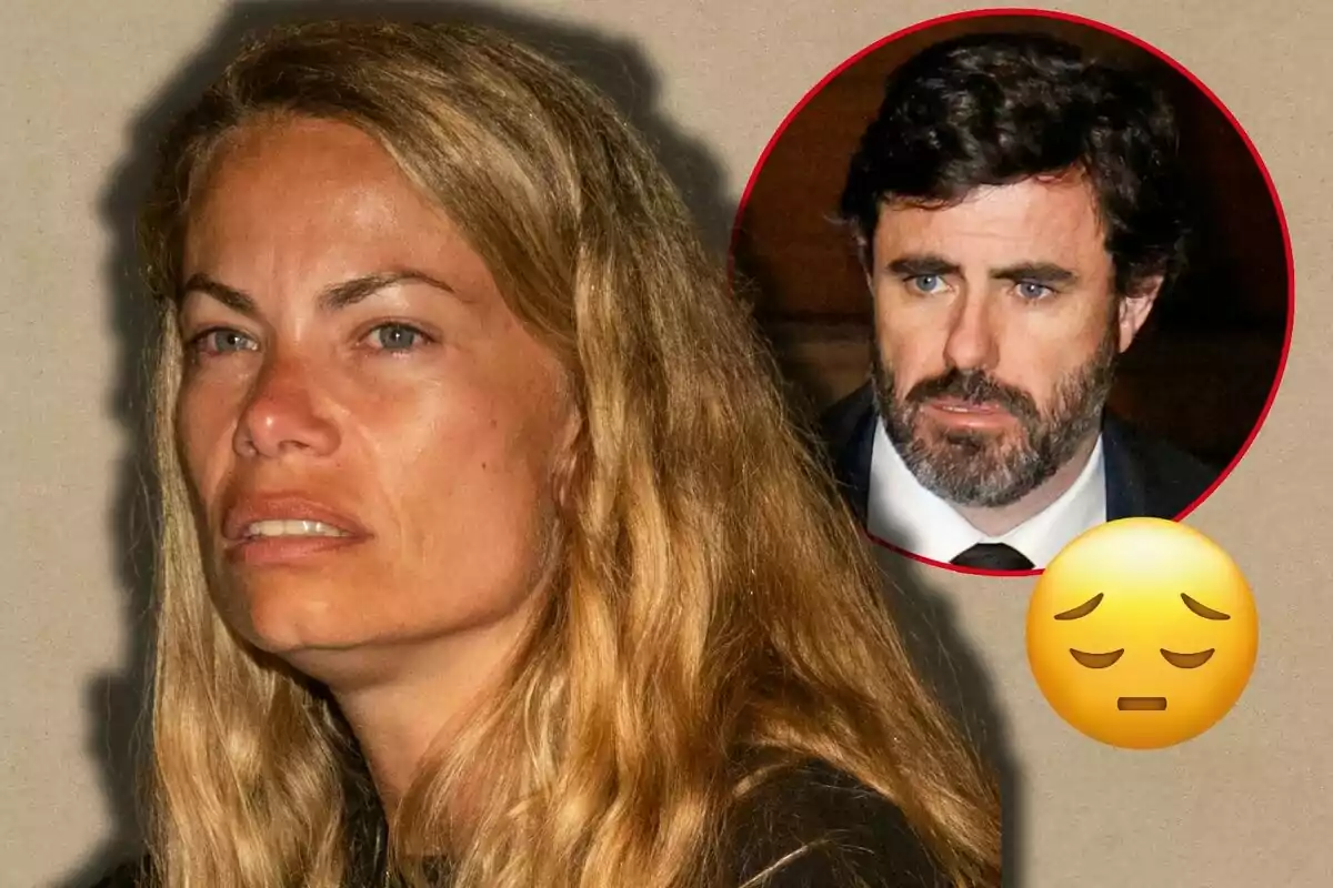 Carla Goyanes amb expressió seriosa i Antonio Matos en un cercle vermell a la cantonada superior dreta, al costat d'un emoji de cara trista.