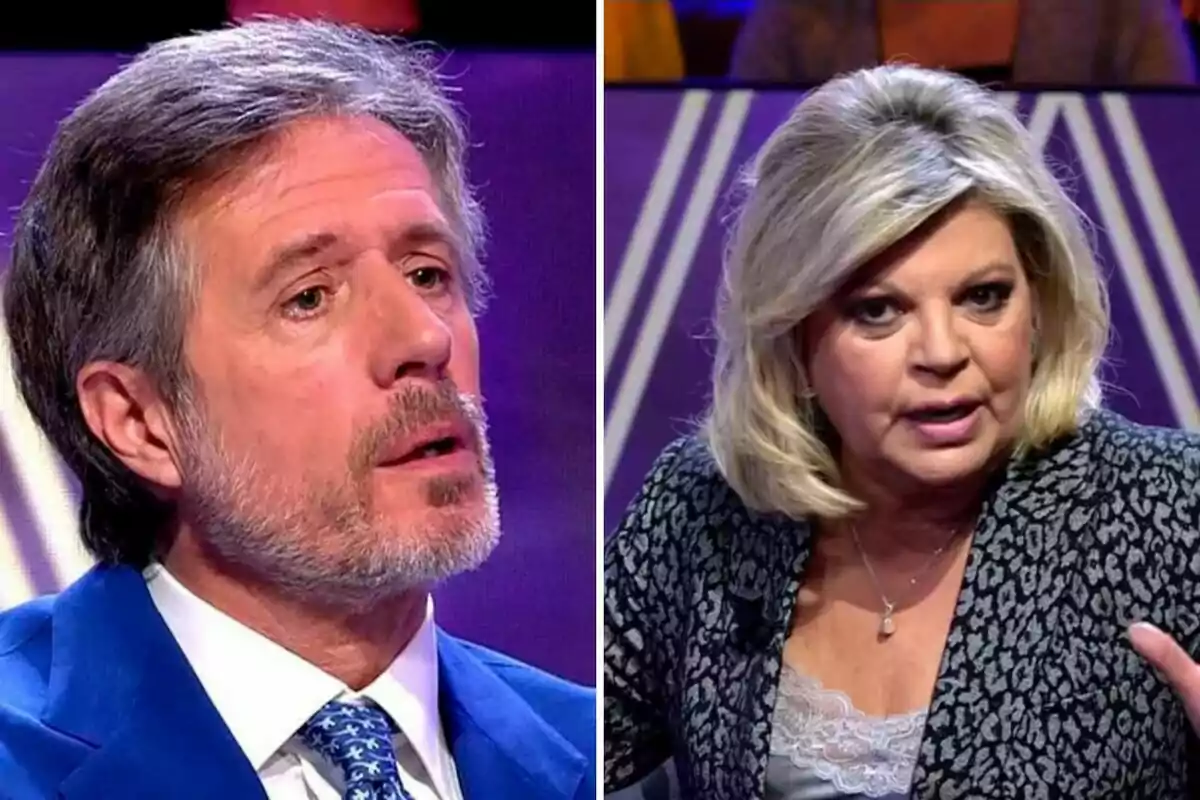 Carlo Costanzia i Terelu Campos en un programa de televisió, una a l'esquerra amb vestit blau i barba, i una altra a la dreta amb cabells rossos i jaqueta estampada. Carlo Costanzia i Terelu Campos en un programa de televisió, una a l'esquerra amb vestit blau i barba, i una altra a la dreta amb cabells rossos i jaqueta estampada.
