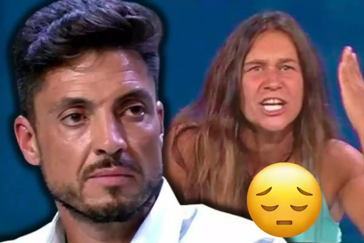 Carlos Calderón amb expressió seriosa en primer pla i Laura Cuevas gesticulant intensament al fons amb un emoji de cara preocupada superposat.
