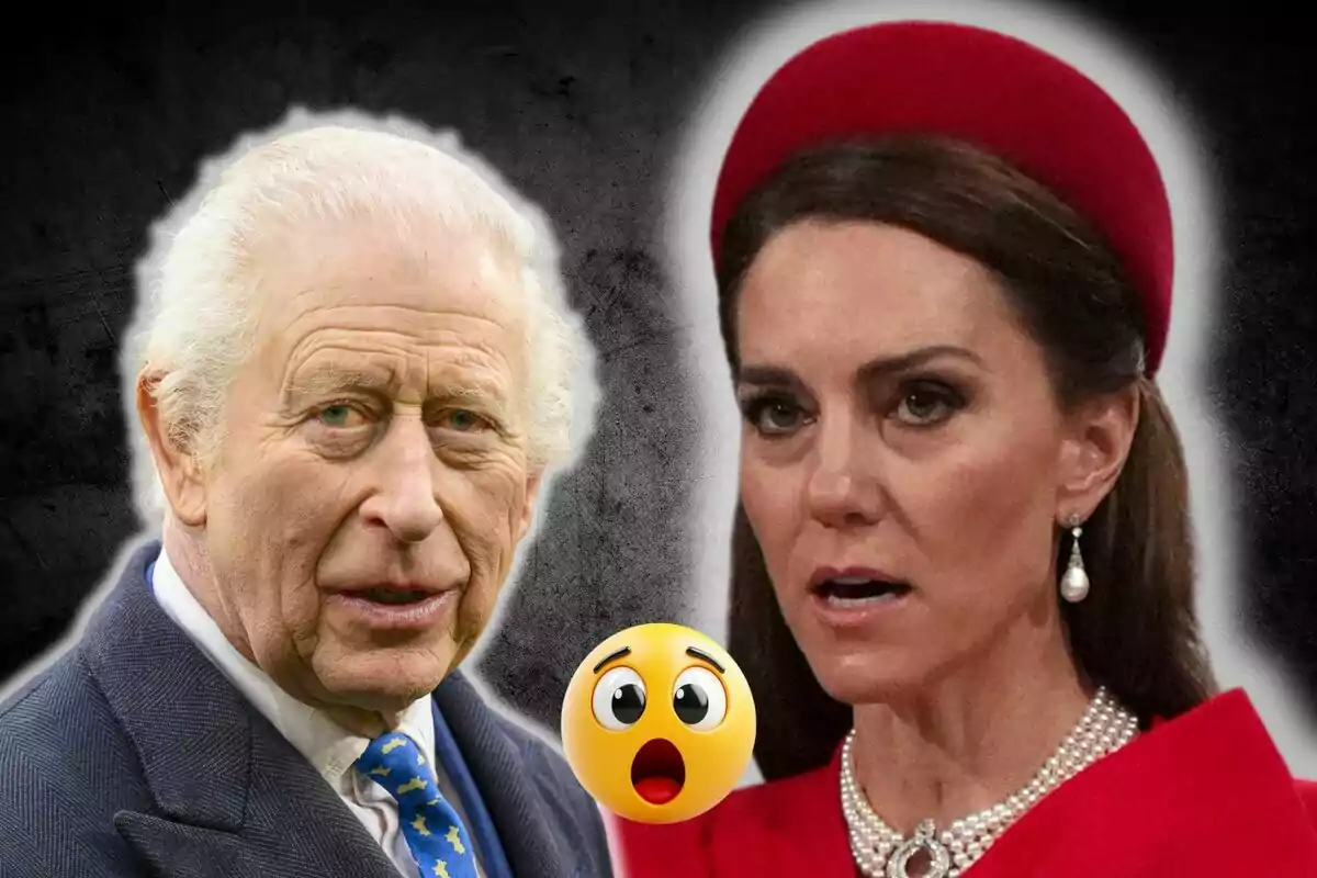 Carles III i Kate Middleton amb tocador vermell i collaret de perles apareixen junts sobre un fons fosc amb un emoji de sorpresa entre ells