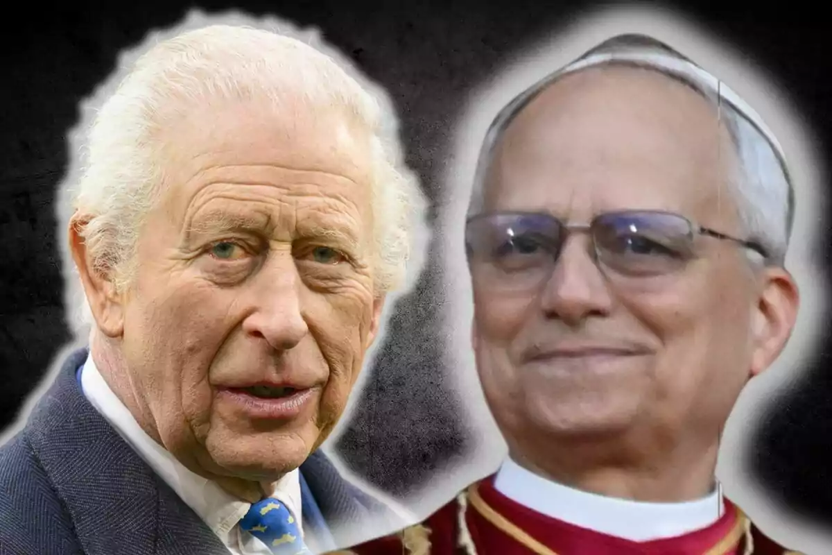 Carlos III and Pope Leo XIV, one with white hair and a suit, the other with glasses and religious attire, pose together against a dark background.