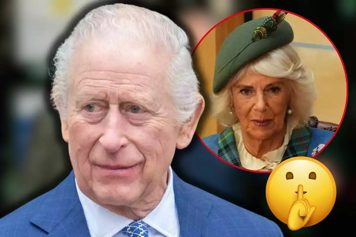 Carles III amb vestit blau apareix en primer pla mentre la reina Camila amb barret verd i expressió seriosa està en un cercle vermell al fons al costat d'un emoji de silenci.