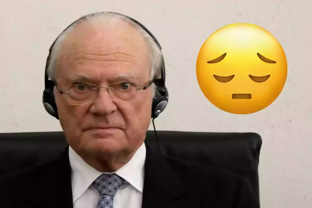 Carlos of Sweden with headphones and a worried expression emoji next to him.