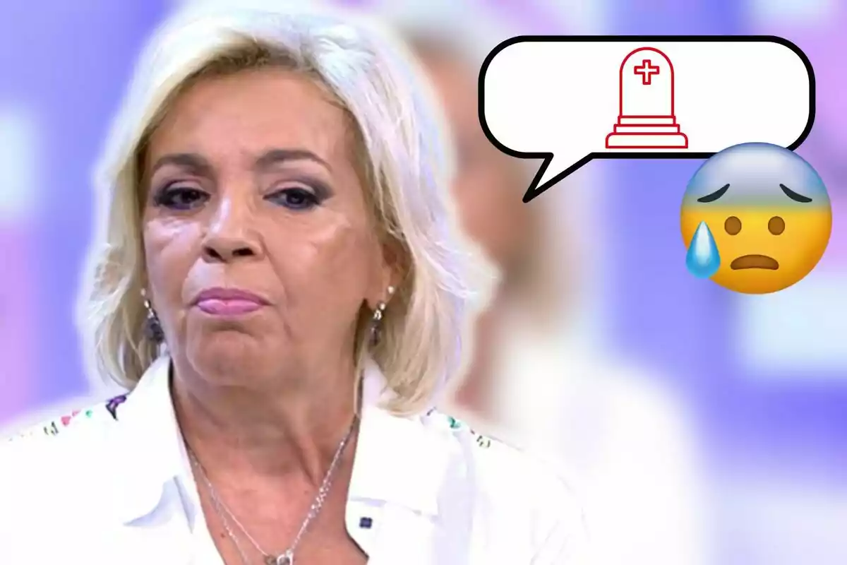 Carmen Borrego de cabell ros amb expressió seriosa i un globus de diàleg amb una icona de làpida i un emoji de cara trista amb una gota de suor.