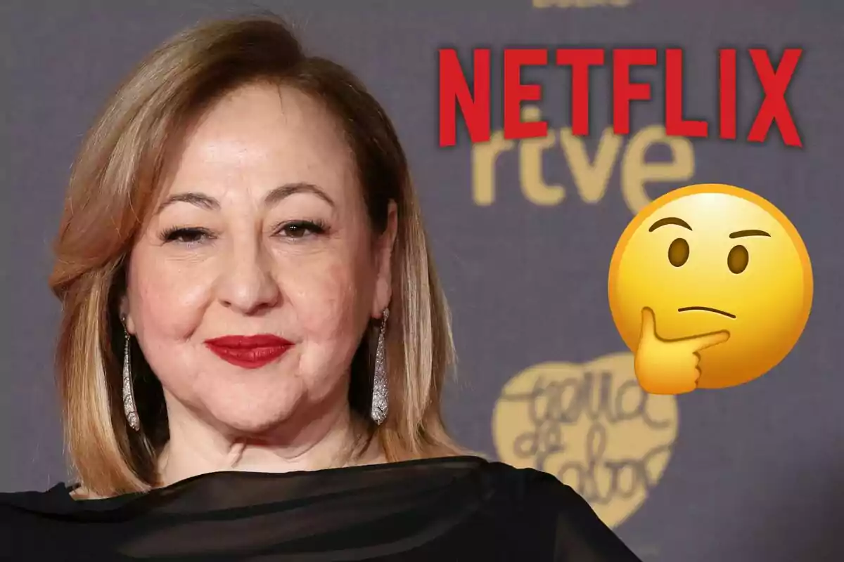 Carmen Machi amb cabell ros i llavis vermells en un esdeveniment, amb el logotip de Netflix i un emoji pensatiu superposats.