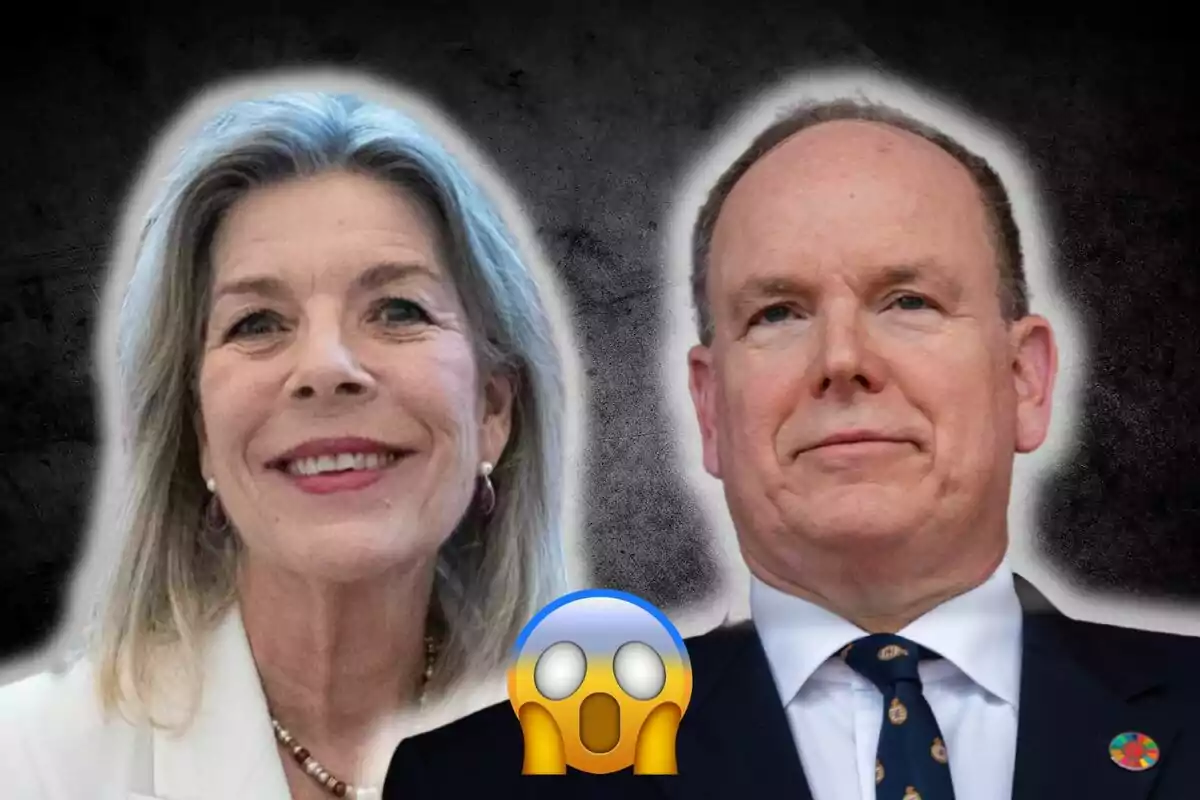 Carolina i Albert de Mònaco posant junts amb un fons fosc i un emoji sorprès en primer pla.