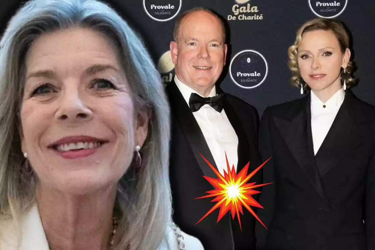 Carolina de Mònaco somriu en primer pla mentre al fons l'Albert de Mònaco i la Charlene elegantment vestida posen en un esdeveniment amb un gràfic d'explosió superposat.