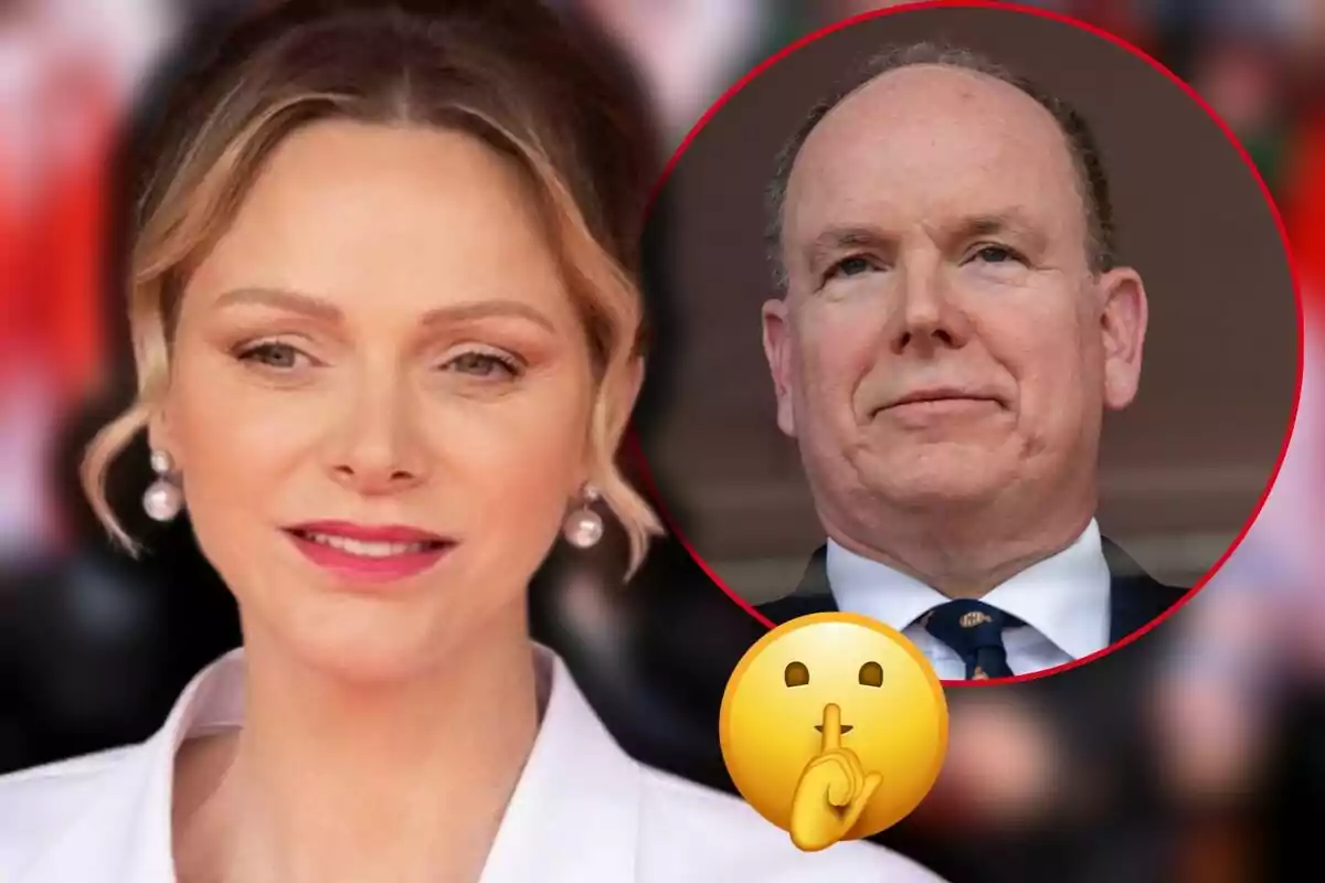 Charlene amb arracades de perles i Albert de Mònaco en un cercle vermell amb un emoji de silenci en primer pla.