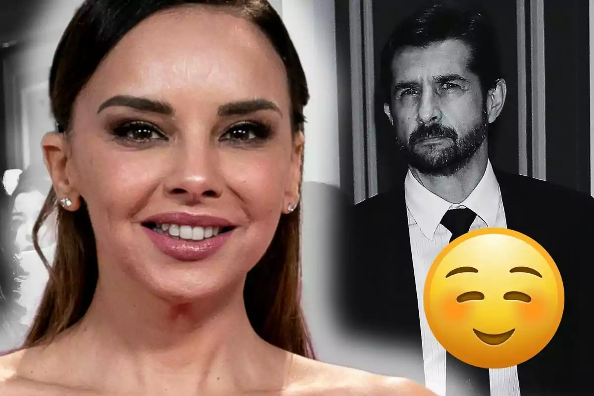 Chenoa somrient en primer pla i Miguel Sánchez amb vestit en blanc i negre al fons amb un emoji somrient superposat.