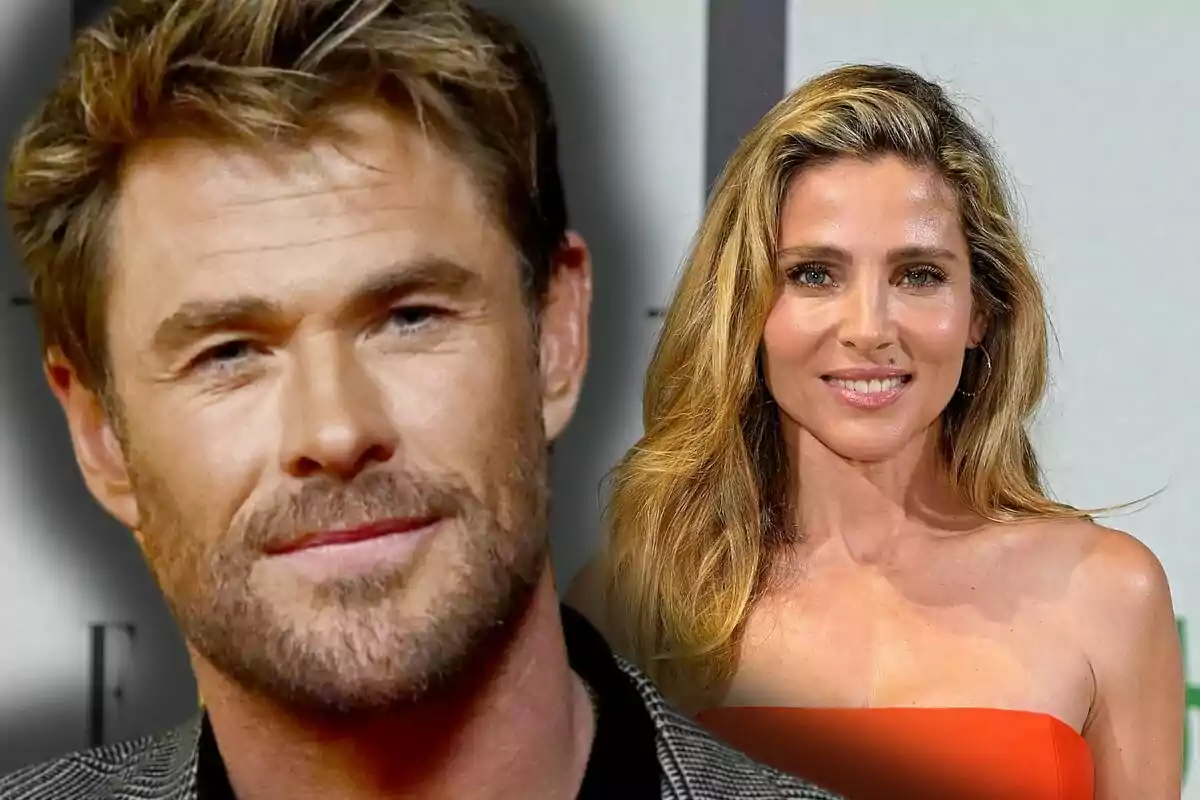 Chris Hemsworth amb expressió seriosa apareix en primer pla mentre Elsa Pataky somrient amb vestit vermell és al fons.