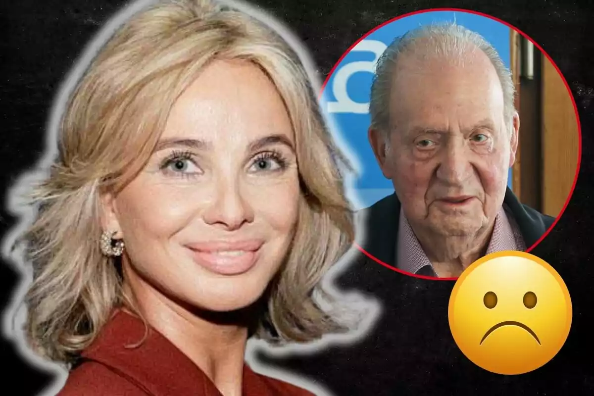 Corinna Larsen sonriente en primer plano con Juan Carlos I en un círculo rojo al fondo y un emoji triste. Corinna Larsen sonriente en primer plano con Juan Carlos I en un círculo rojo al fondo y un emoji triste.