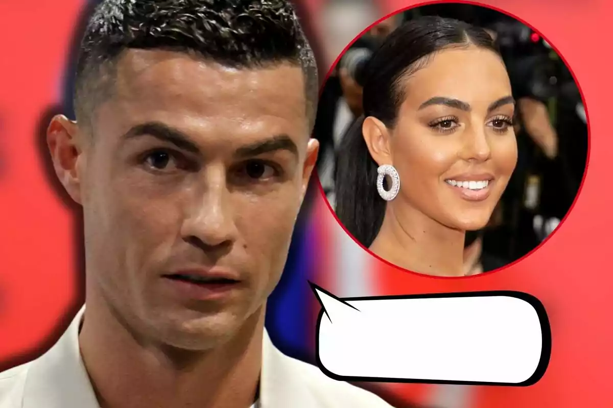 Cristiano Ronaldo with a serious expression and an empty speech bubble, with Georgina Rodríguez smiling in a red circle in the background.
