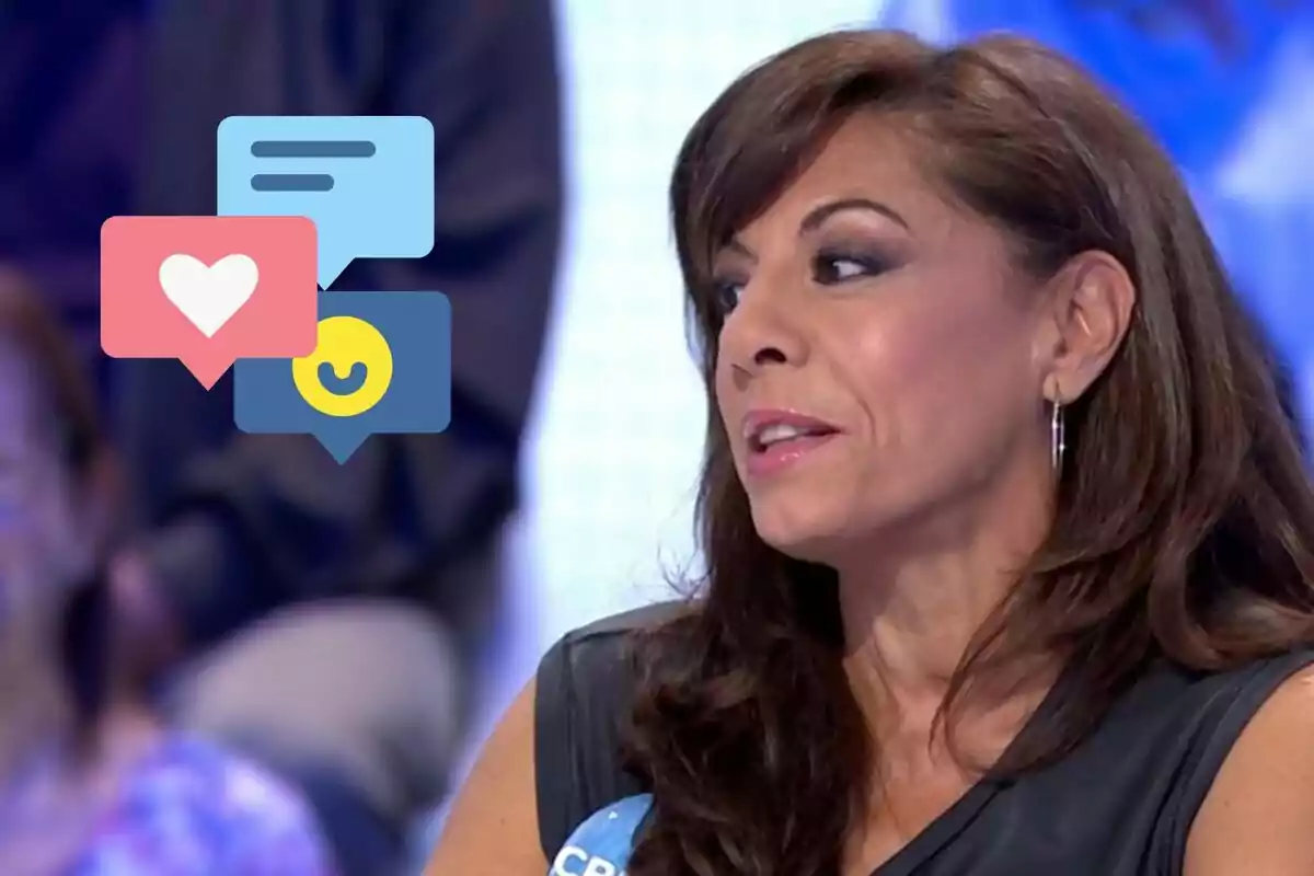 Cristina Medina de cabell castany i expressió seriosa apareix en un programa de televisió amb icones de xarxes socials superposades.