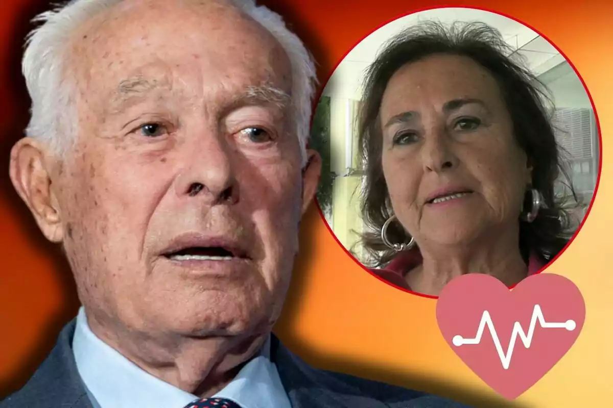 Curro Romero apareix en primer pla amb una expressió seriosa mentre que en un cercle vermell al fons es mostra a Carmen Tello amb una expressió neutral; a la cantonada inferior dreta hi ha una icona de cor amb un electrocardiograma.