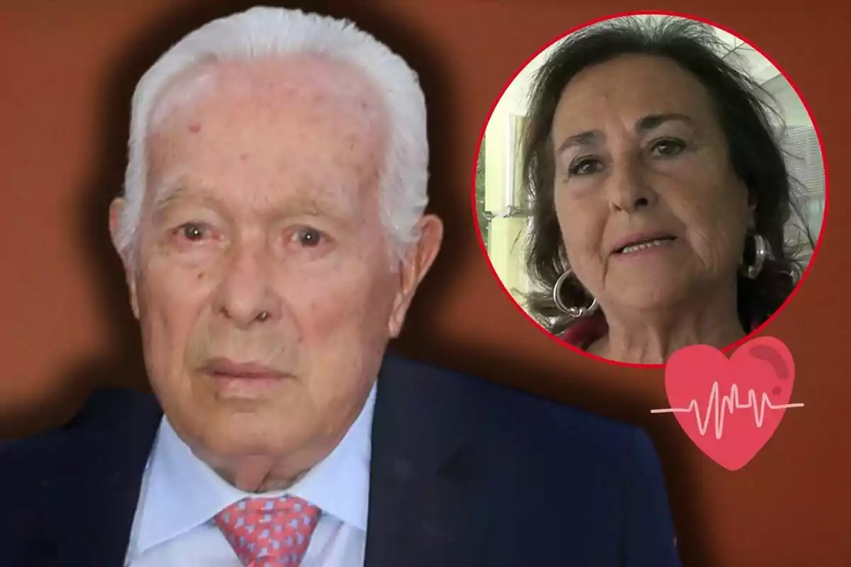 Curro Romero amb vestit fosc apareix en primer pla, mentre que en un cercle a la dreta es mostra a Carmen Tello amb expressió seriosa; un gràfic de cor amb un electrocardiograma està superposat.