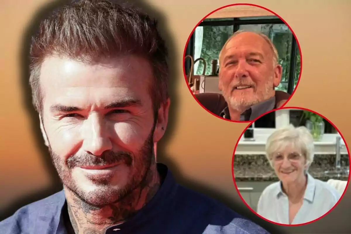 David Beckham appears in the foreground, while in the top right corner there are two smaller circular images of an older man and an older woman, all with smiling expressions.