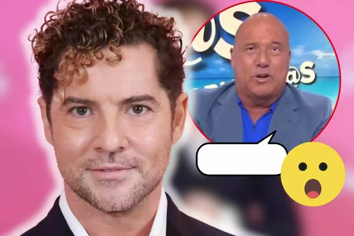 David Bisbal amb cabells arrissats en primer pla i un requadre amb Alfonso Arús parlant en un programa de televisió, acompanyat d'un emoji sorprès.