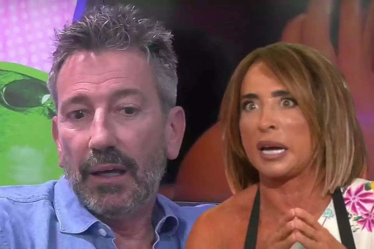 David Valldeperas i María Patiño en un programa de televisió, una amb expressió seriosa i una altra amb expressió sorpresa.