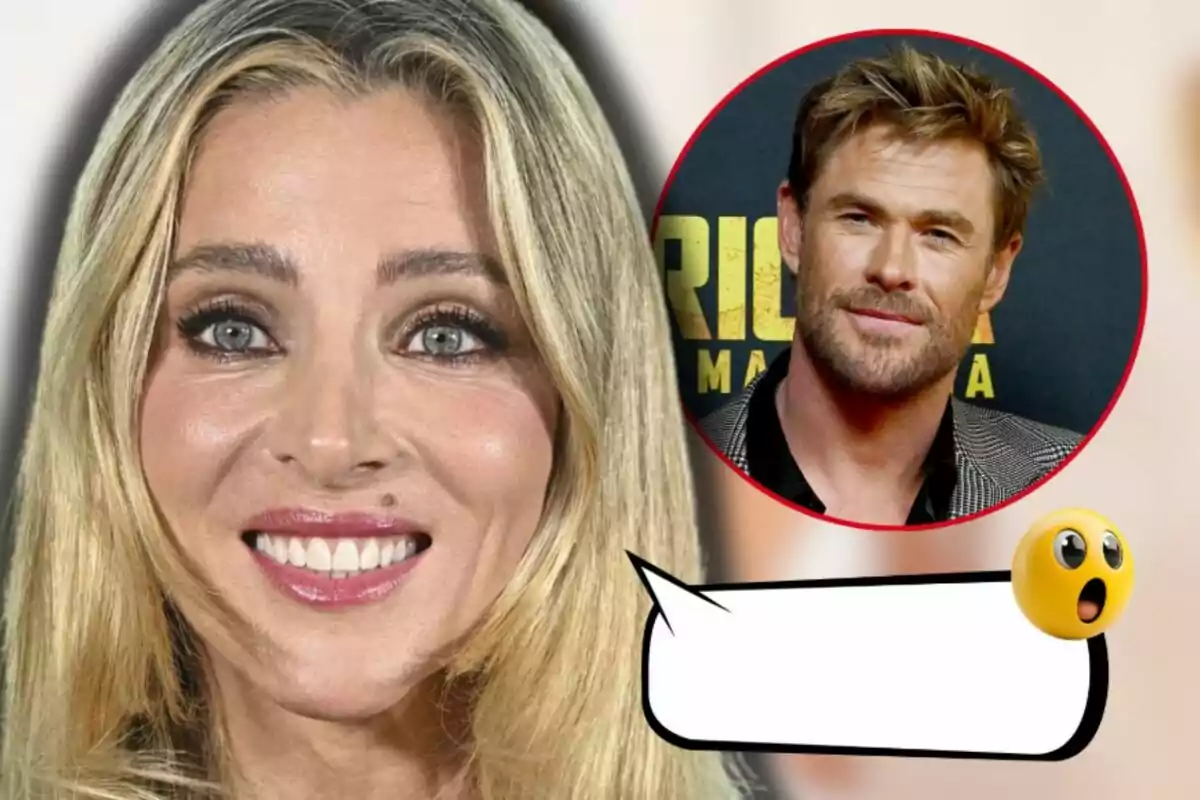 Elsa Pataky smiling with a frame showing Chris Hemsworth with a beard and a surprised emoji.