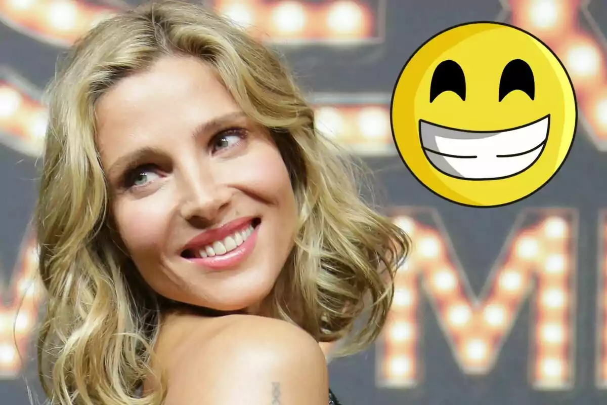 Elsa Pataky smiling with a yellow happy face emoji in the background