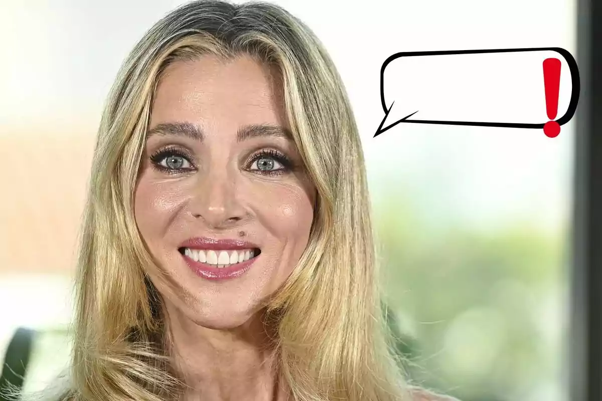 Elsa Pataky sonriente con cabello rubio y ojos claros junto a un globo de diálogo con un signo de exclamación rojo.