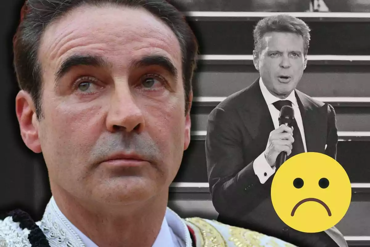 Enrique Ponce amb expressió seriosa en primer pla i una imatge en blanc i negre de Luis Miguel amb micròfon al fons, amb un emoji trist superposat.