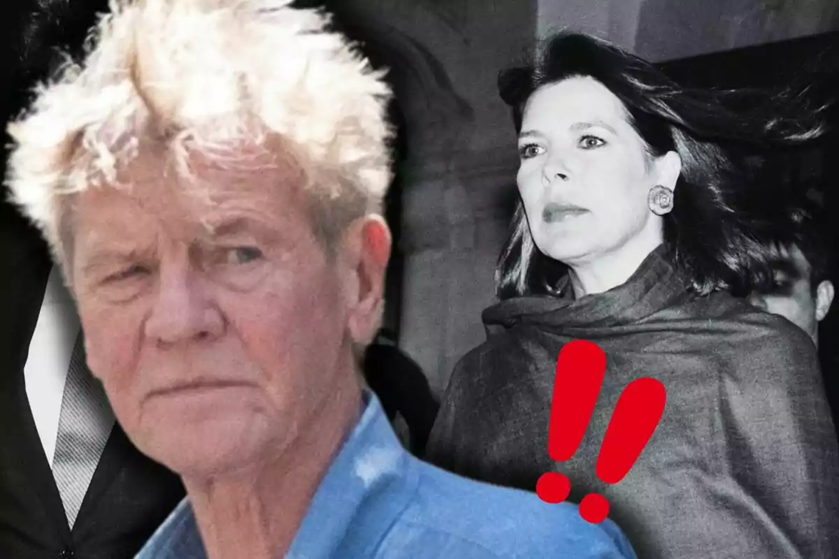 Ernesto of Hanover and Caroline of Monaco appear in the image, one in the foreground with disheveled hair and a serious expression, and the other in the background with dark hair and a serious expression, with red exclamation marks superimposed.