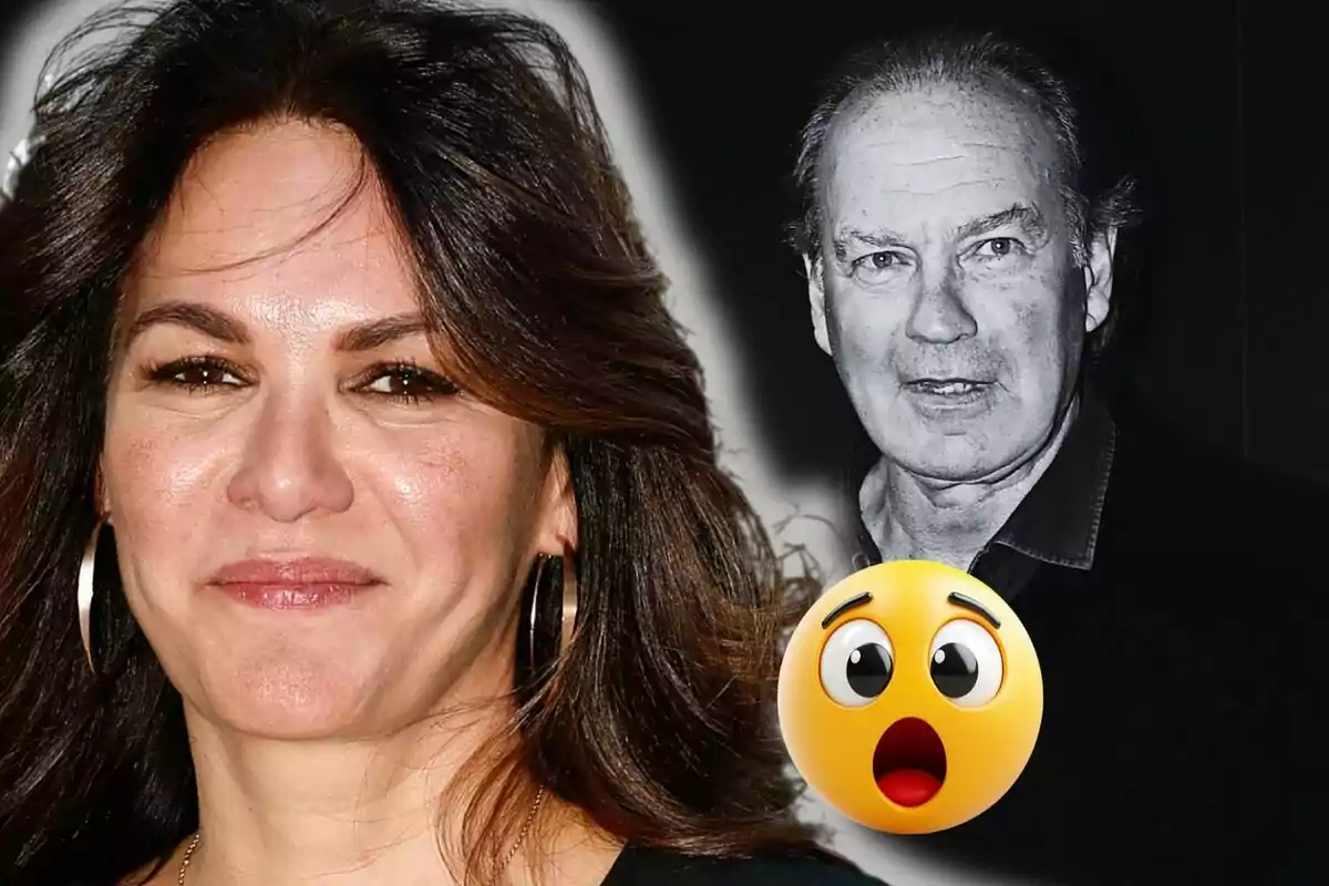 Fabiola Martínez sonriente en primer plano, al fondo la imagen en blanco y negro de Bertín Osborn y un emoji de sorpresa en la esquina.
